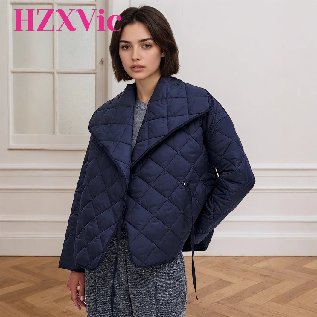 HZXVic Chaqueta de cuello grande a la moda para mujer, color azul marino, rejilla de diamantes, acolchada, corta, holgada, tono de algodón
