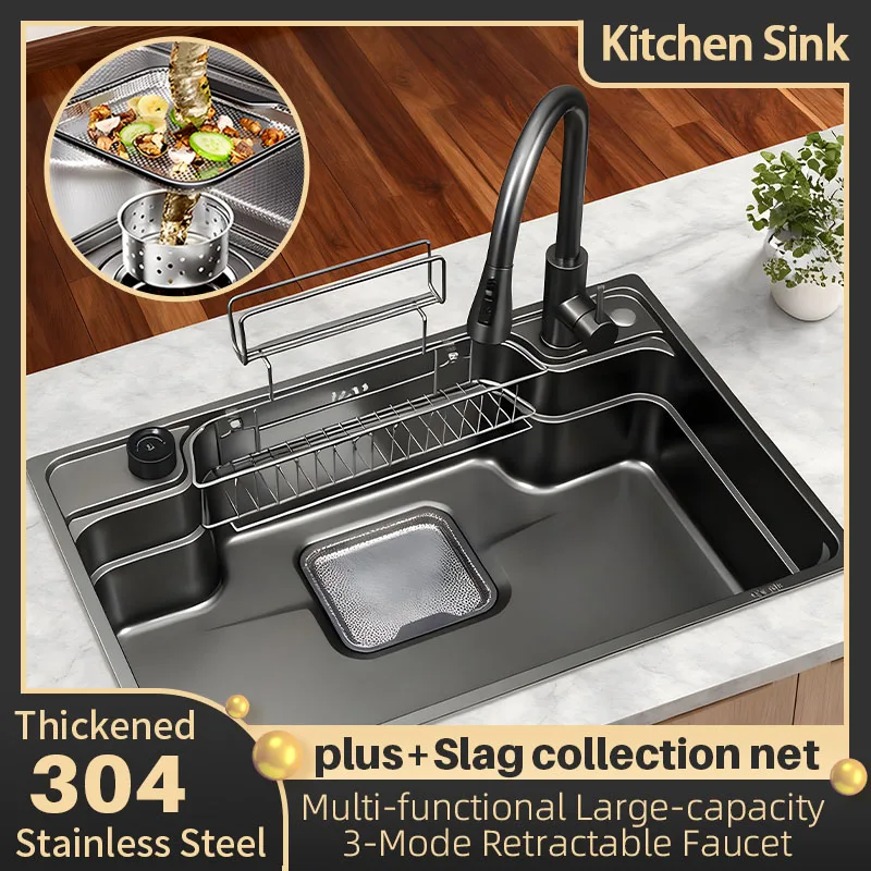 

Japanese-style Thickened Large single-slot double-track Kitchen sink Multi-functional Draining Storage rack Slag collection net