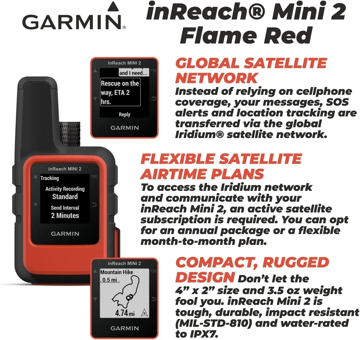 Garmin inReach Mini 2 comunicatore satellitare (rosso fiamma) con pacchetto di alimentazione