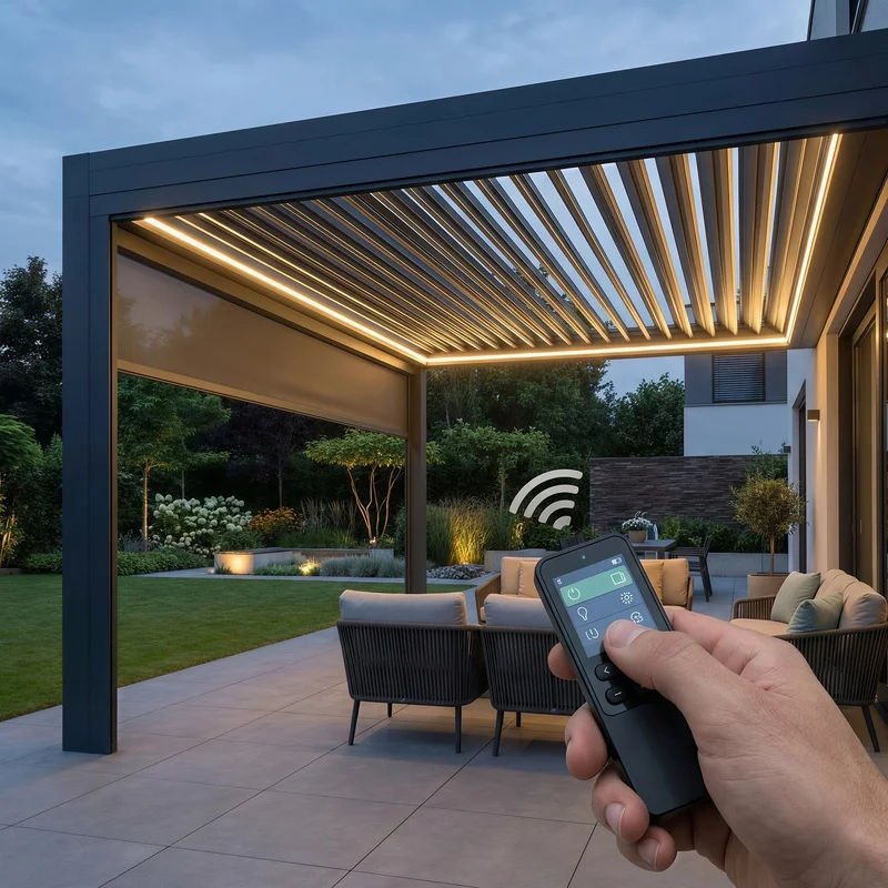 Modern Aluminum Pergola Motorized Remote Control Detachable Mosquito Net Balcony Garden Evening Relaxation Heavy-Duty Waterproof
