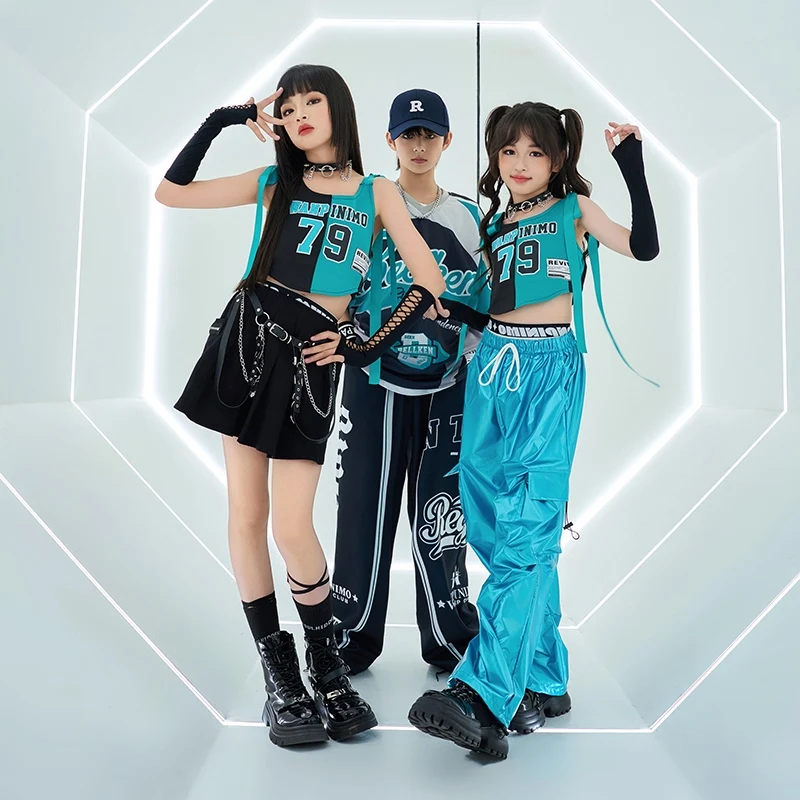 Girls Jazz Hip Hop Dance Clothes Blue Vest Pants Kids Kpop Performance Suit Catwalk Stage Clothing Hiphop Competition Costume 11