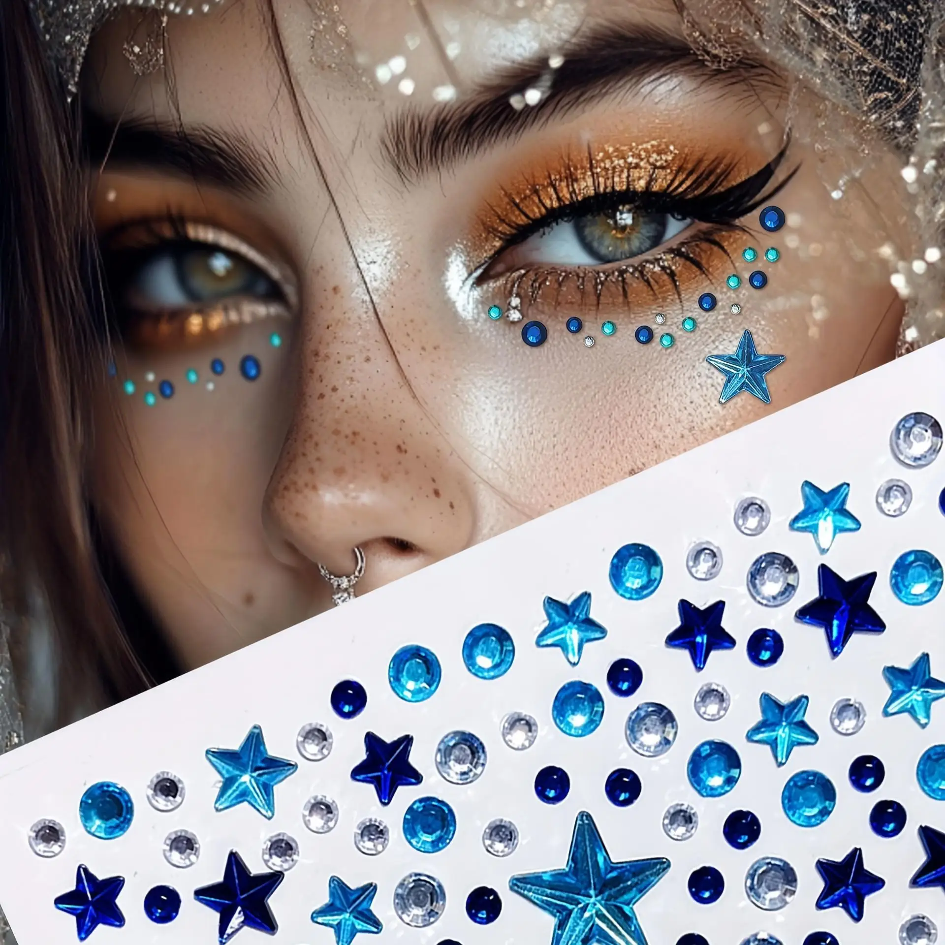 1 Piece Blue Star Stickers Lip Ear Nose Eyes Self-Adhesive Crystal Tattoos Glitter Star Bead Design for Festivals/Parties/Makeup