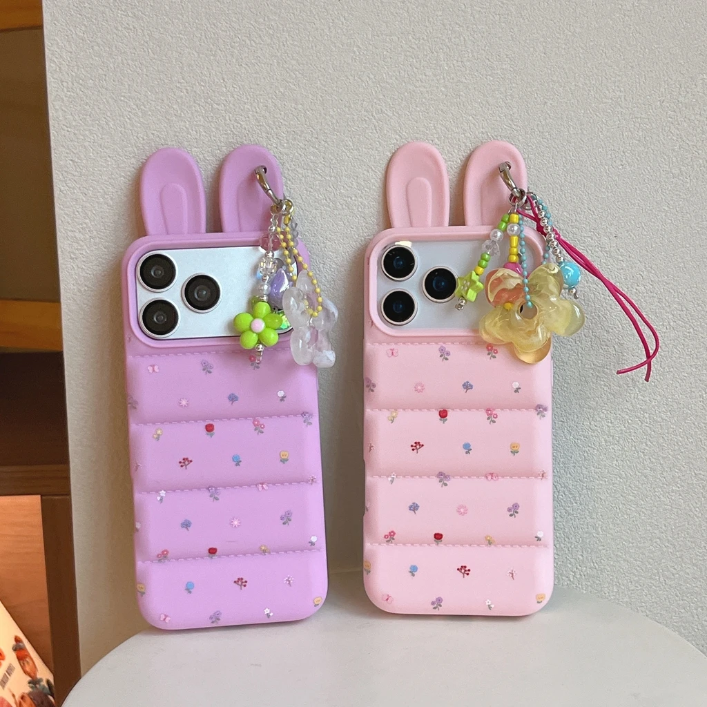 Sweet Cute Flowers Print Stereoscopic Rabbit Ears With Pendant Shock Proof Phone Cover Case for iPhone 18 17 16 15 Pro Max