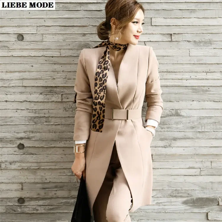 

Womens Formal Office Work Wear Khaki Black Pant Suits Women Belt Long Blazer with Pants Uniform 2 Piece Set Outfit Clothing