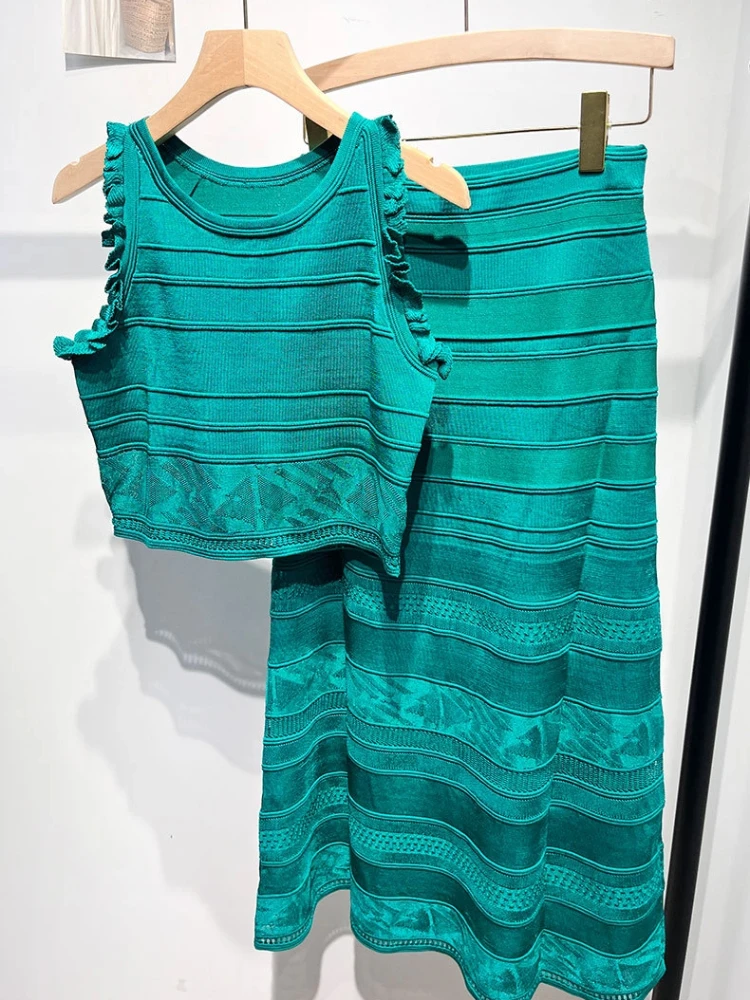 

Knit Skirt Sets Women Two Piece Sleeveless Vests O-Neck Slim Fit Top Solid Long Skirts Straight Casual Elegant Summer 2025