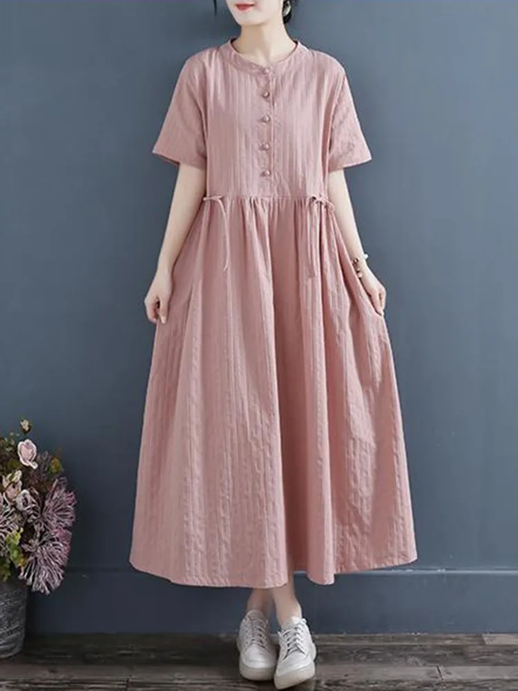 High Quality Women Casual Dresses New Arrival 2023 Summer Vintage Style Solid Color Loose Female Cotton Long Dress D524