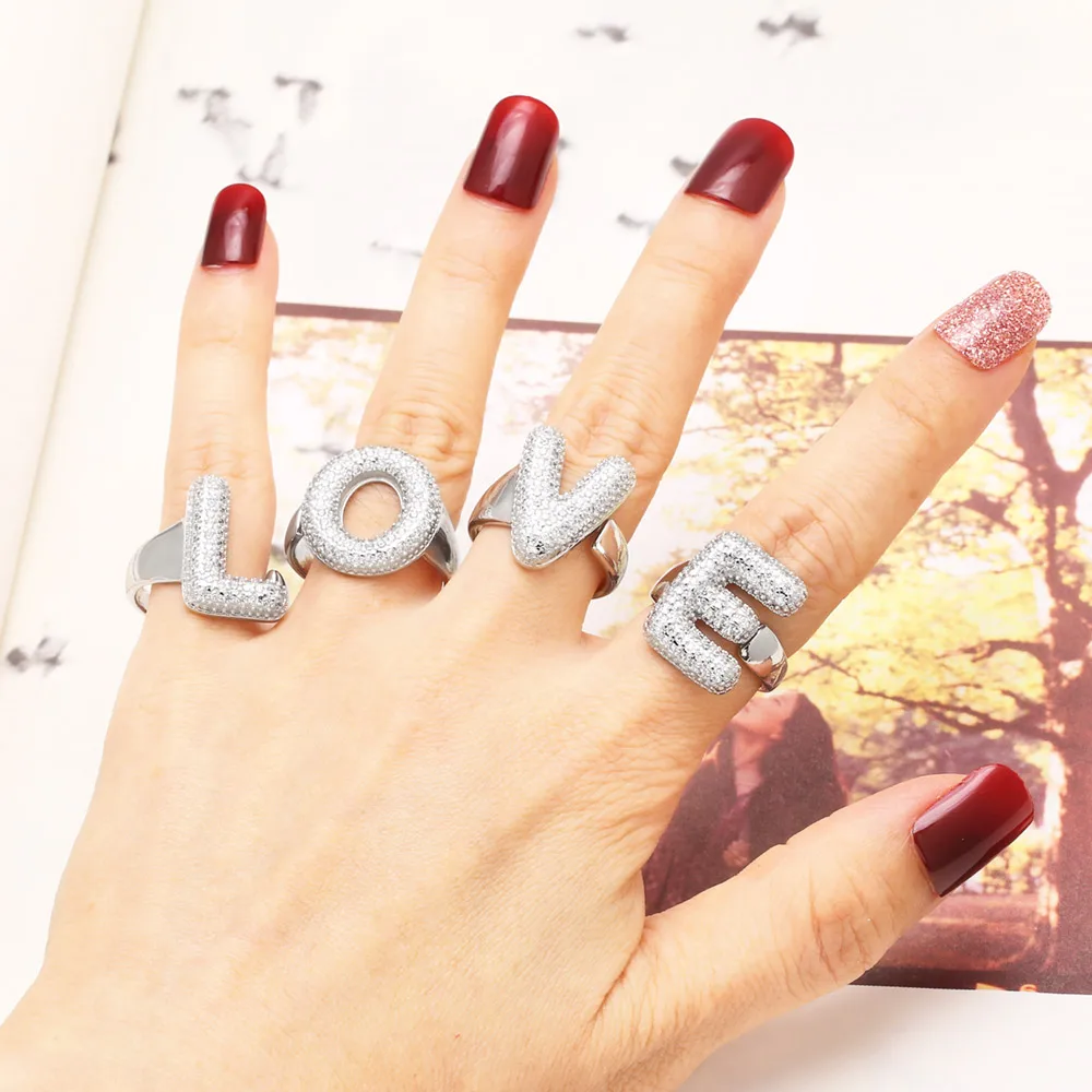 FLOLA Silver Color Crystal Bubble Letter Rings for Women Dainty Rhodium Plated Initial Rings Name Jewelry righ91