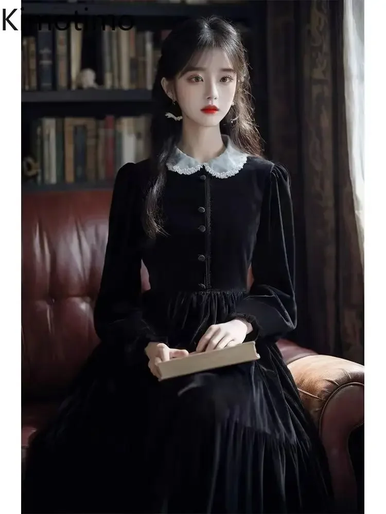 Kimotimo French Vintage Long Sleeve Velvet Dress Women Autumn Winter Lace Peter Pan Collar Waist A-line Evening Princess Dresses