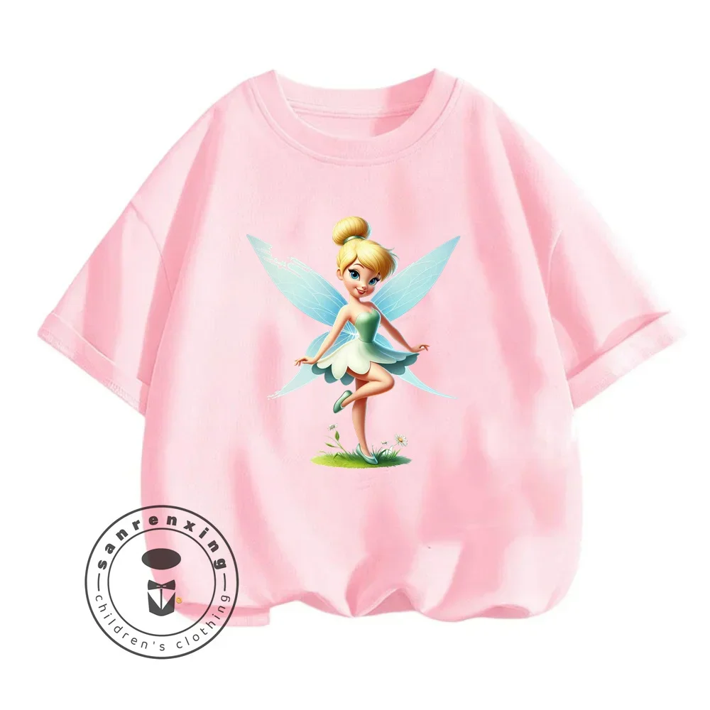 2024 Playful Tinker Bell Animated Cartoon Character Print Design O-neck Vintage Style Short-sleeved Shirt for Summer Children