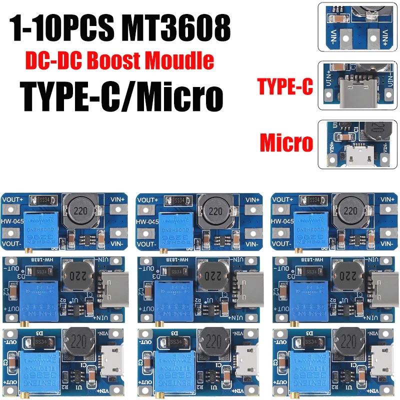 1-10 Uds MT3608 módulo elevador ajustable regulador de voltaje enchufe Micro/TYPE-C 2V-24V a 5V-28V 2A convertidor de refuerzo de DC-DC elevador