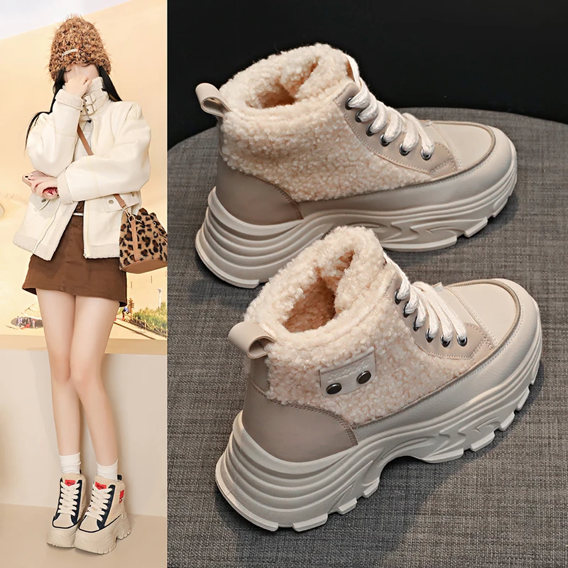 أحذية شتوية نسائية عالية الجودة مع بطانة من الصوف، أحذية ثلج، مريحة ودافئة، كاجوال خارجي H6581