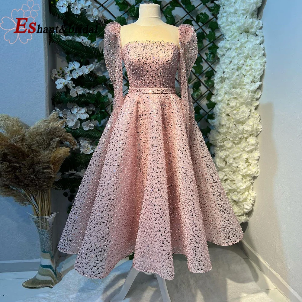 Elegant Dubai Pink Evening Dress for Women 2024 O Neck Aline Beads Ankle Length Formal Prom Wedding Party Gowns Customized