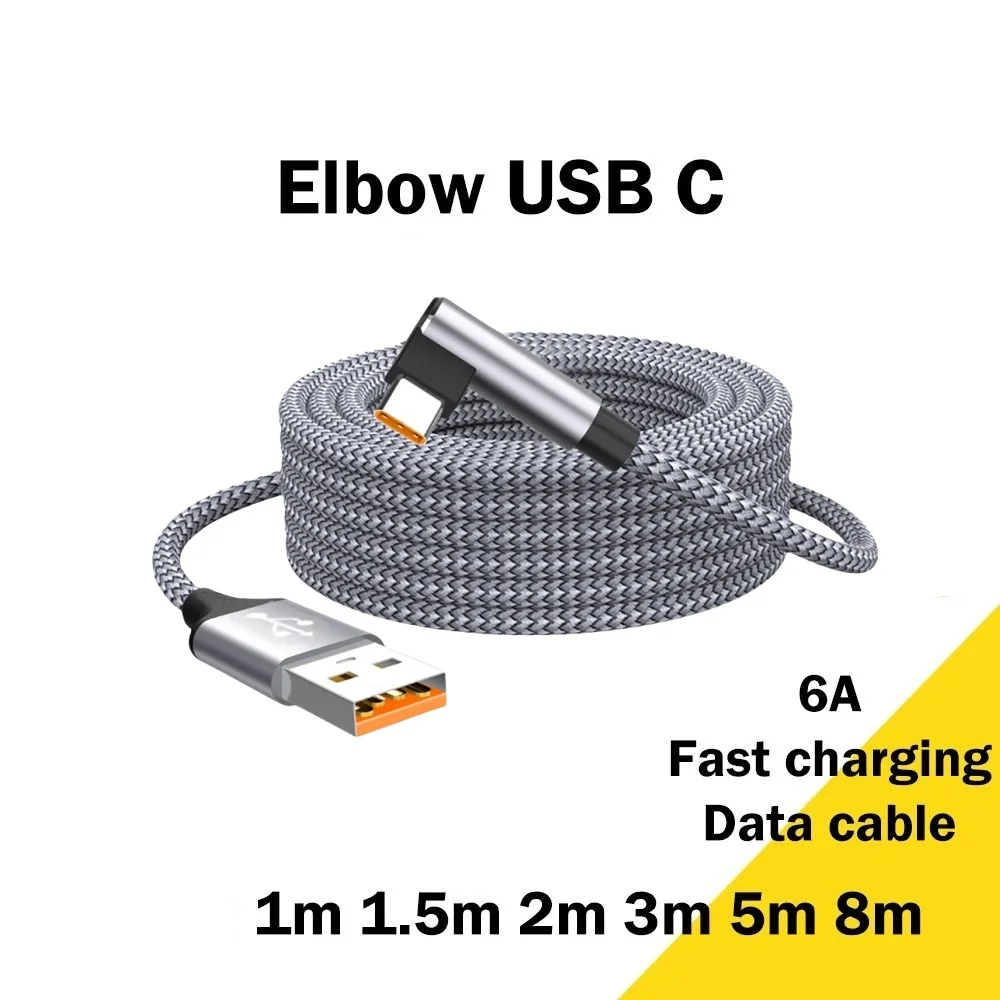 

6A Braided Fast Charging Cable USB To Elbow Type C Phone Data Cable For Xiaomi Huawei Samsung Oneplus Quick Charge Chargers Wire