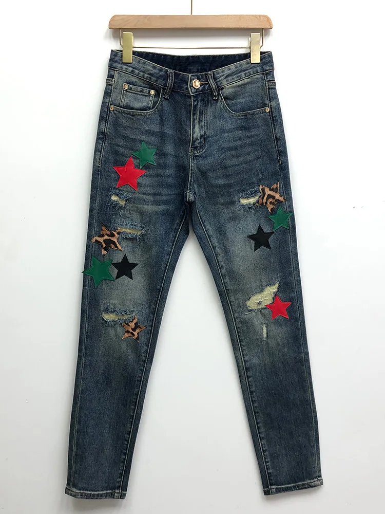 Fashionable star sticker printed jeans men's trendy brand slim fit small foot elastic distressed retro denim casual pants