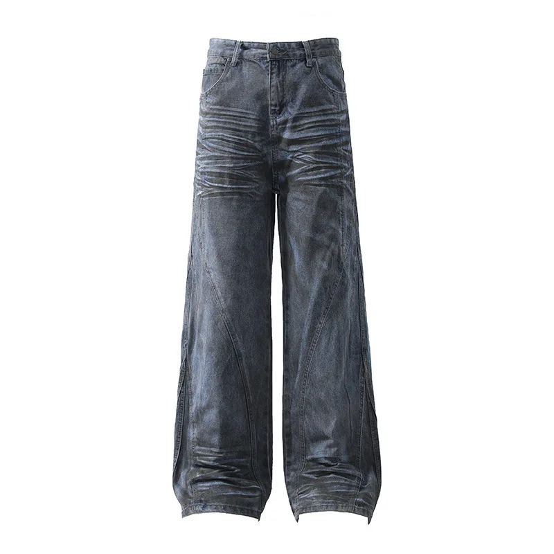Vintage Distred Denim Jeans da uomo Loose Fit Splicing Design Pantaloni alla moda unici High Street Sle Autunno 2024 Cina Made