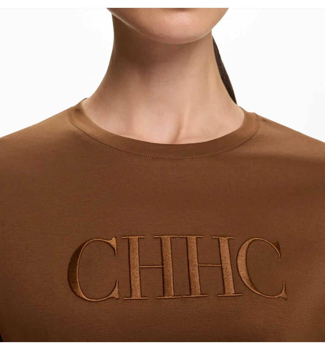 CH Premium Reine Baumwolle Besticktes T-Shirt Braun CHHC Buchstaben-Besticktes Oberteil Damen 2026 Neu Einfaches Rundhals-Basisshirt – Detail 5