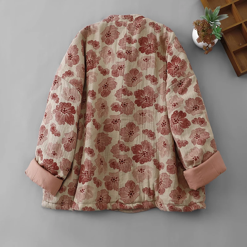 Luźny płaszcz damski z bawełny w kwiatowy wzór, stójka, zapinany na guziki, ciepły, słodki, długi, ocieplany.