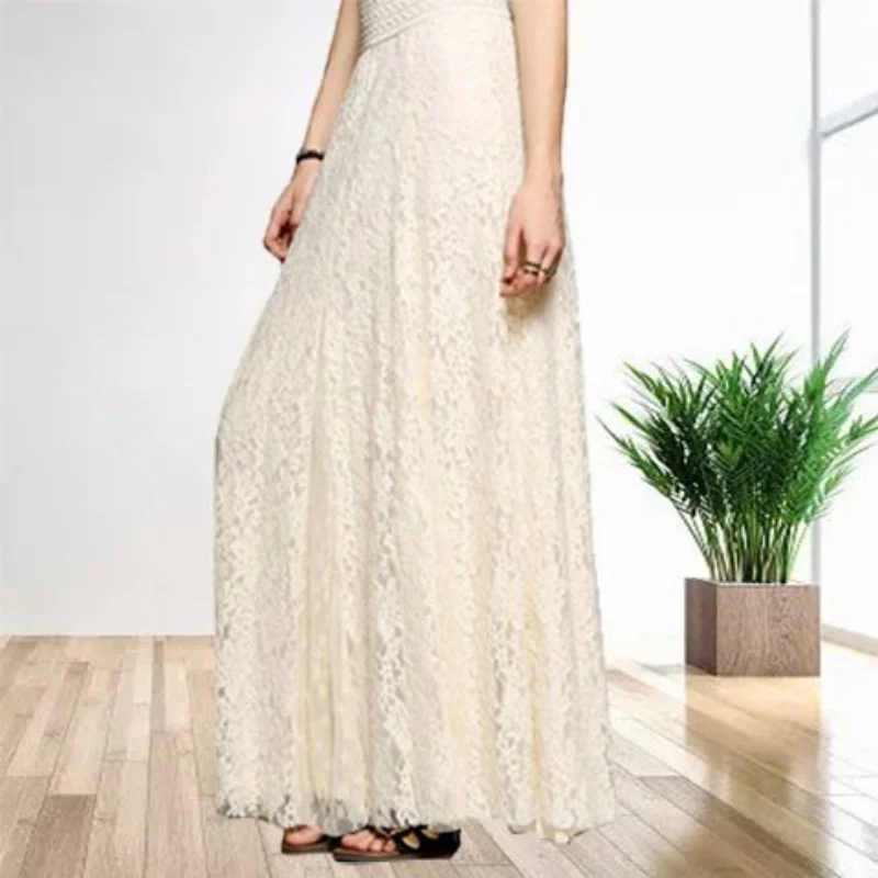 Hook Flower Slim Fit Slimming High Waist Hollow Pattern Lace Long Skirt