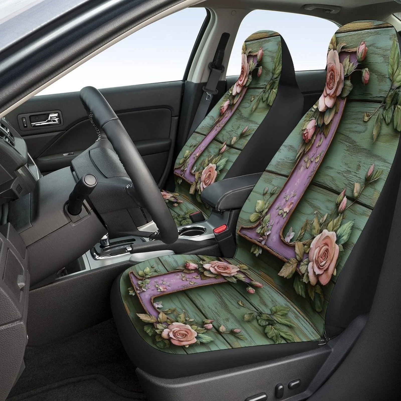 Set Of Car Covers Featuring A Floral Design Of The Letter L, Suitable For Various Vehicles. Stylish And Breathable, These Decora