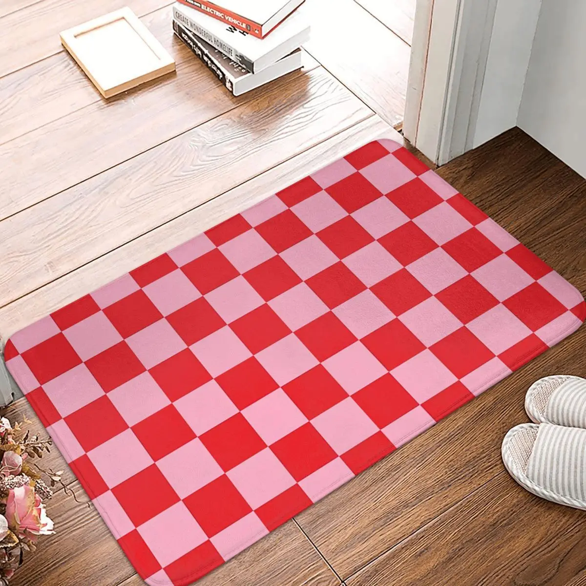 Non-slip Doormat Checkered Pink And Red Bath Kitchen Mat Welcome Carpet Indoor Pattern Decor