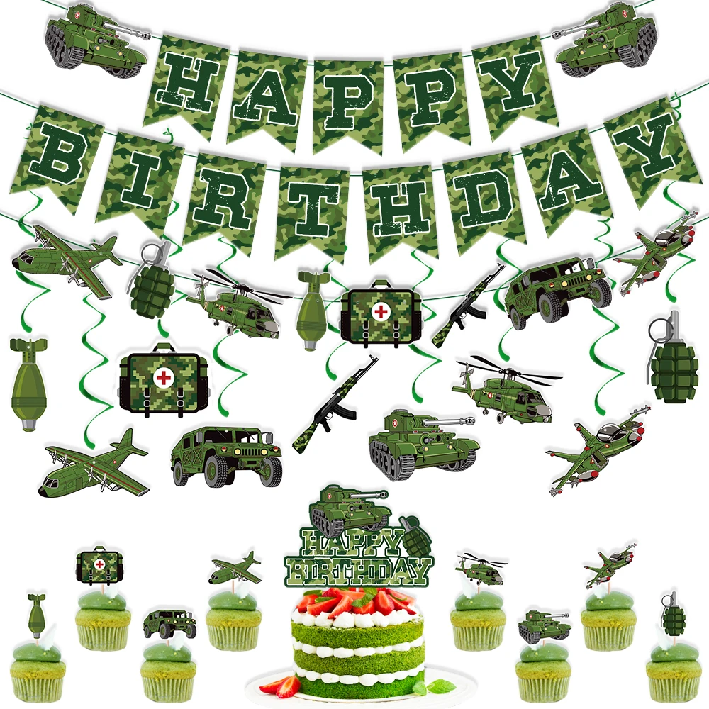 Car Plane Cake Topper Flag Tank Camouflage Happy Birthday Balloon Party Baby Shower Cupcake Toppers Decor Baking Supplies DIY