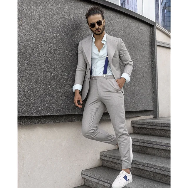 New Light Grey Men Suits Summer Jacket Slim Fit 2 Pieces Closure Collar Classic Fit Formal Business Outfits With Trousers Strap AliExpress
