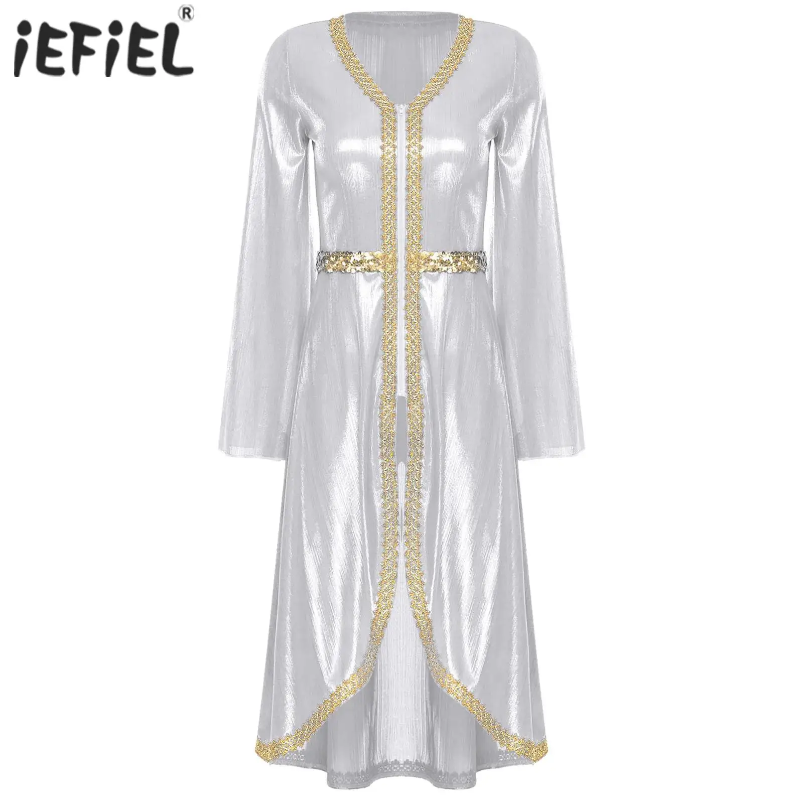 

Women Islamic Muslim Abaya Dress Dubai Moroccan Kaftan Fancy Eid Dress V Neck High Waist Embroidery Dress Sparkly Caftan Dresses