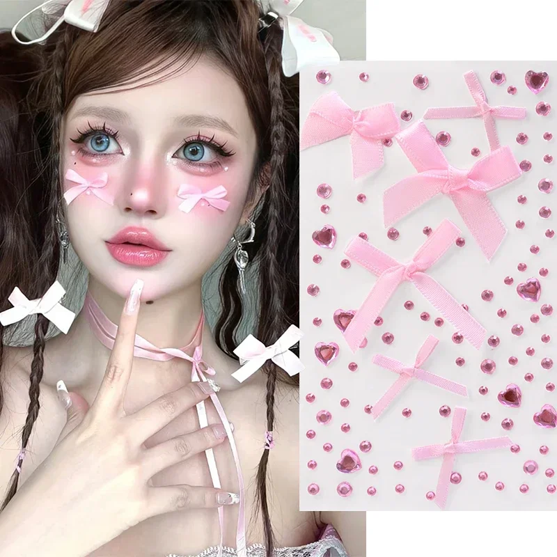 Red Pink Bow Ribbon Acrylic Rhinestone Temporary Tattoos DIY Eyes Face Makeup Sticker Self Adhesive Party Festival Decorate Tool