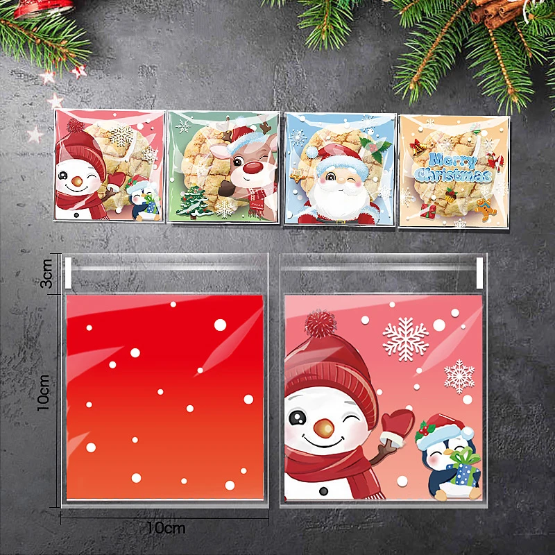 New 100Pcs Christmas Candy Cookie Gift Bags Plastic Self-adhesive Biscuits Snack Packaging Bags Xmas Party Decor Favors