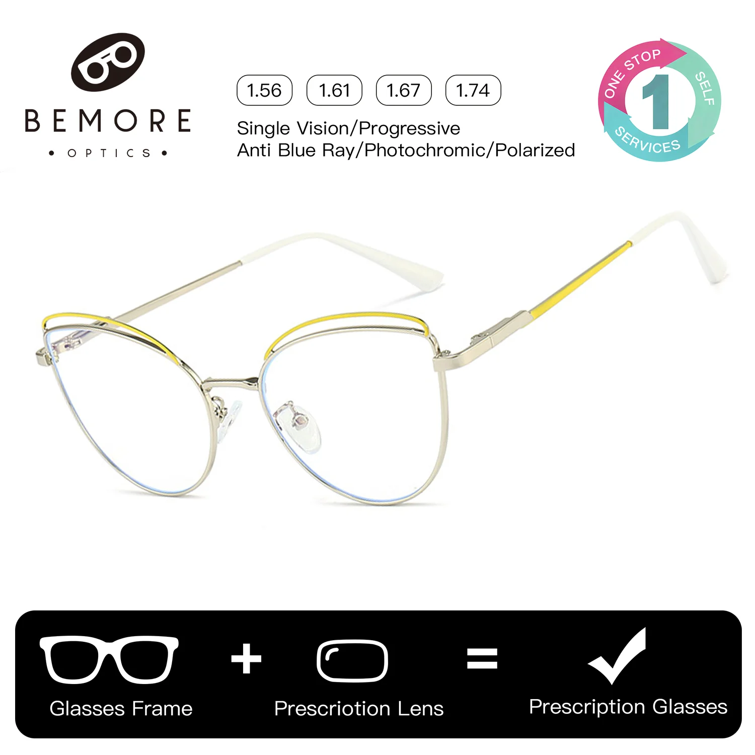 Lunettes de vue BEMORE Cat Eye en métal avec verres progressifs photochromiques anti-lumière bleue pour myopie, avec ordonnance.