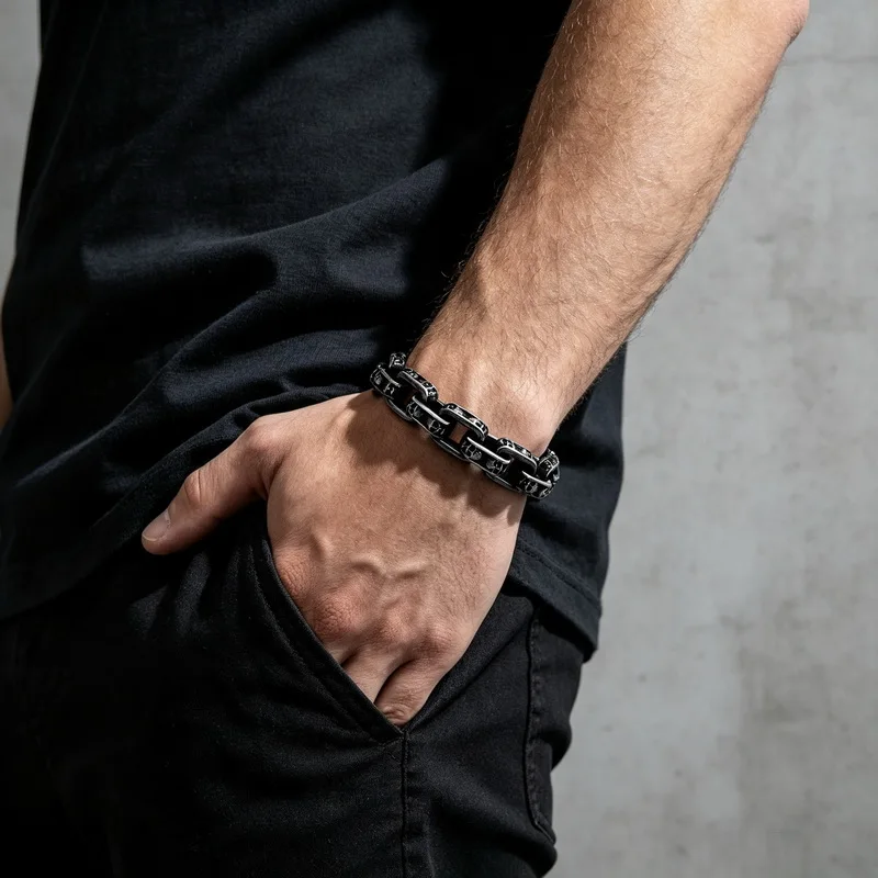 Trendy Asymmetrical Patchwork Stainless Steel Bracelet For Men Gothic Punk Skull Pattern Chain Bracelet