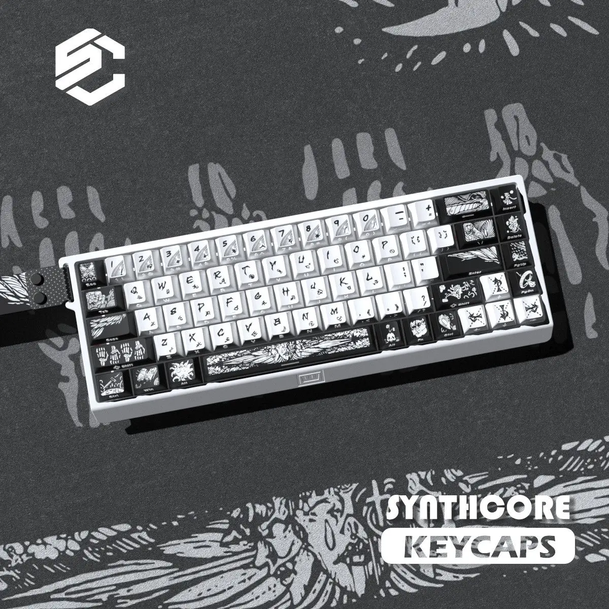 Side-engraved Keycaps 74 Keys Fallen Angel Keycaps Translucent Key Caps PBT Dye-Sub Anime for ANSI Made68 Mad68 Wooting60