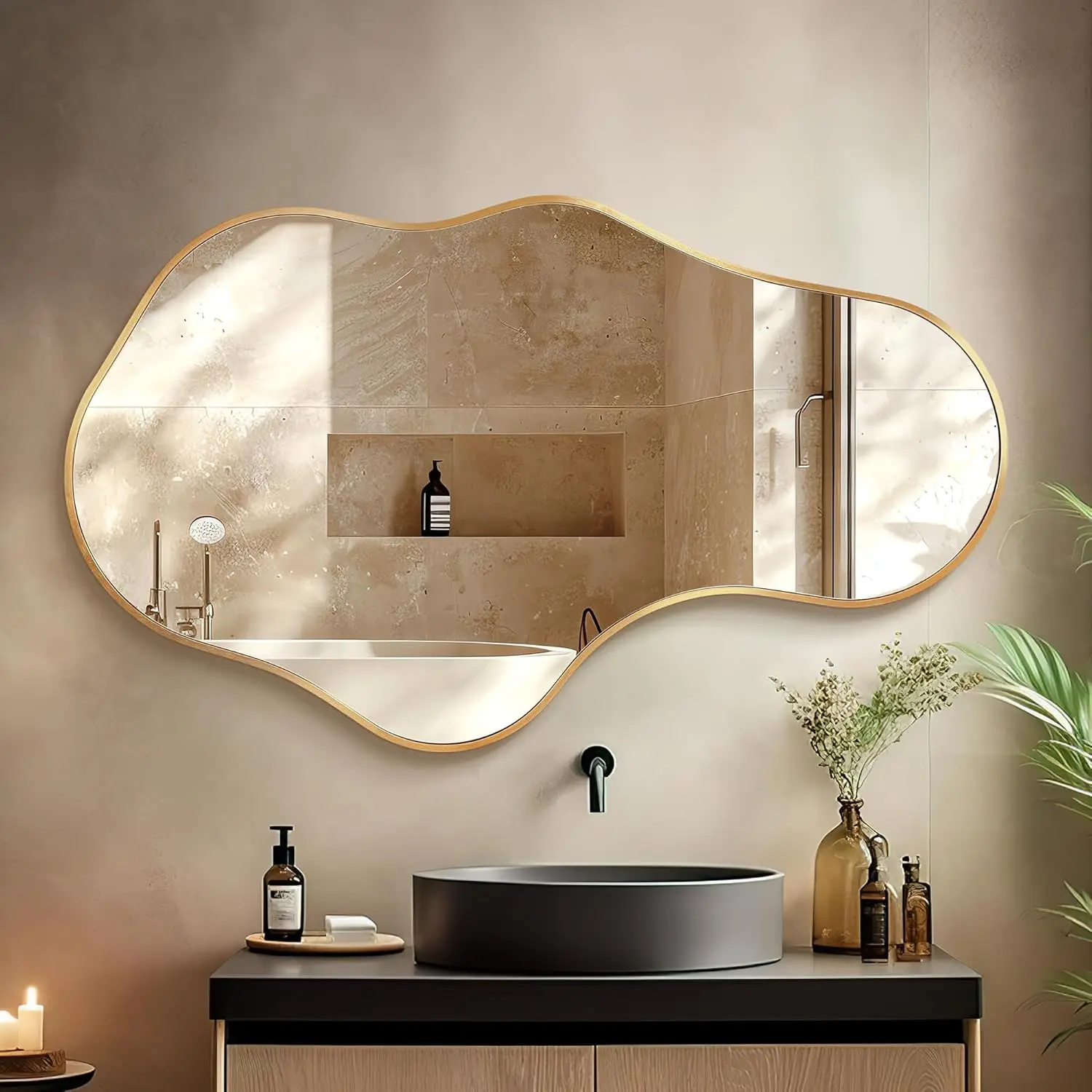 

Asymmetrical Wall Mirror Aviation Aluminum Alloy Frame 22x36 Gold Bathroom Bedroom Living Room Cloakroom Entryway