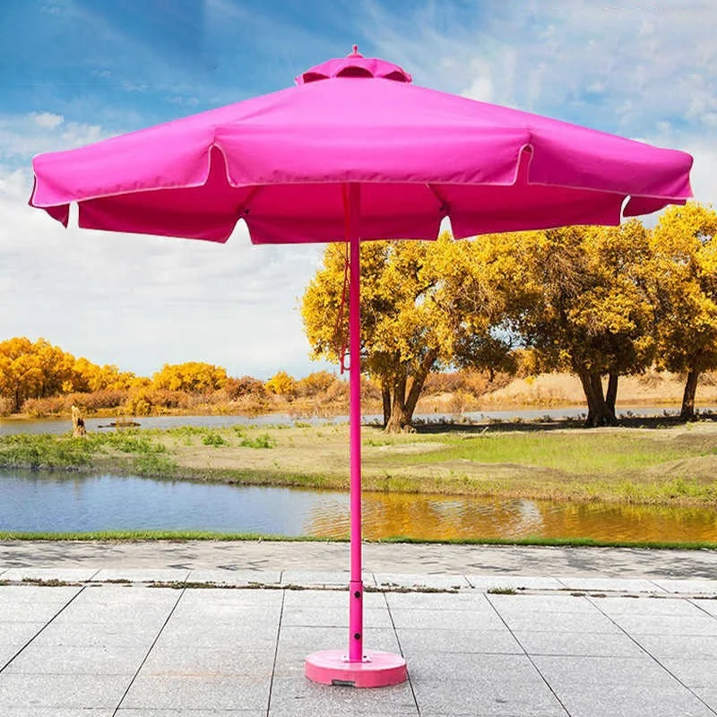 & Trendy Rose Red Seaside Beach Long-Handled Metal Sunshade Umbrella Waterproof Fabric Large Outdoor Camping Pool Use