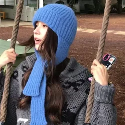 Korea Simple Knitted Ear Protection Beanies Cap for Women Autumn Winter Travel Versatile Fashion Solid Color Warm Pullover Hat