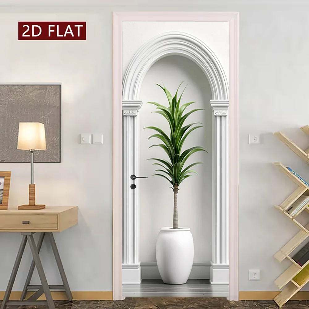 1 Pair of 2D Classical Arch Design Self-Adhesive Wall Stickers, Including White Spherical Flower Pot Stickers and Green Plants,