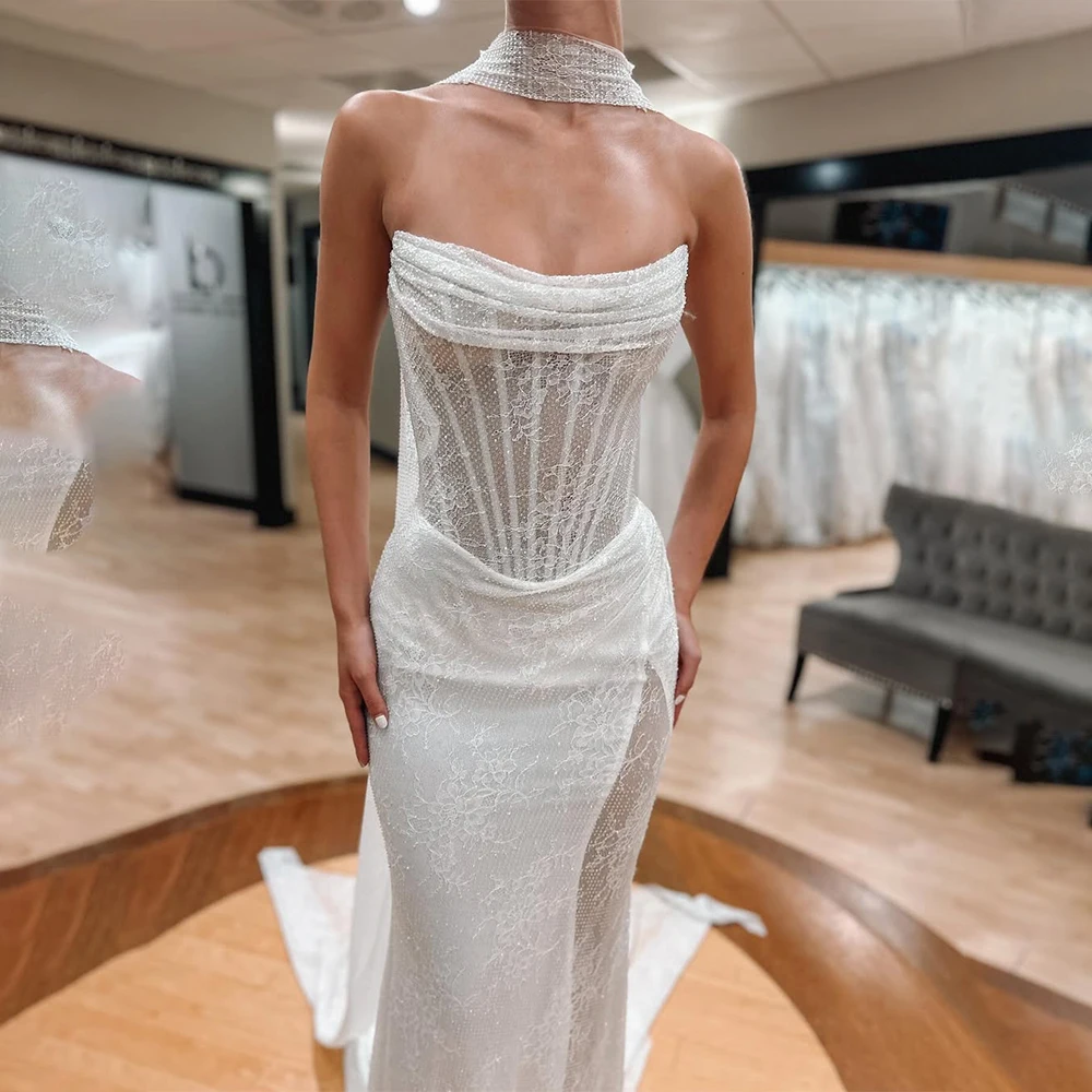 

Sexy Pleat Strapless Full Lace Sheath Wedding Dresses With Long Scalf Sweep Train Custom Made 2026 Vestido De Noival