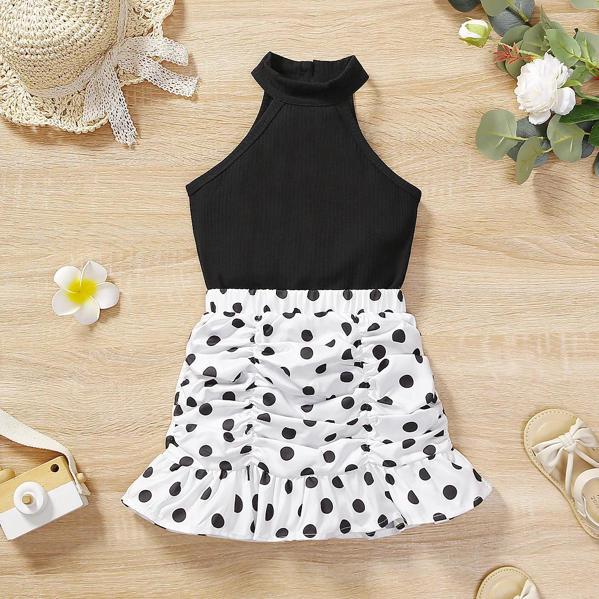 PatPat 2pcs Toddler Girl Solid Ribbed Halter Top and Polka Dots Ruched Skirt Set Perfect for Outings and Daily Wear Basic Style