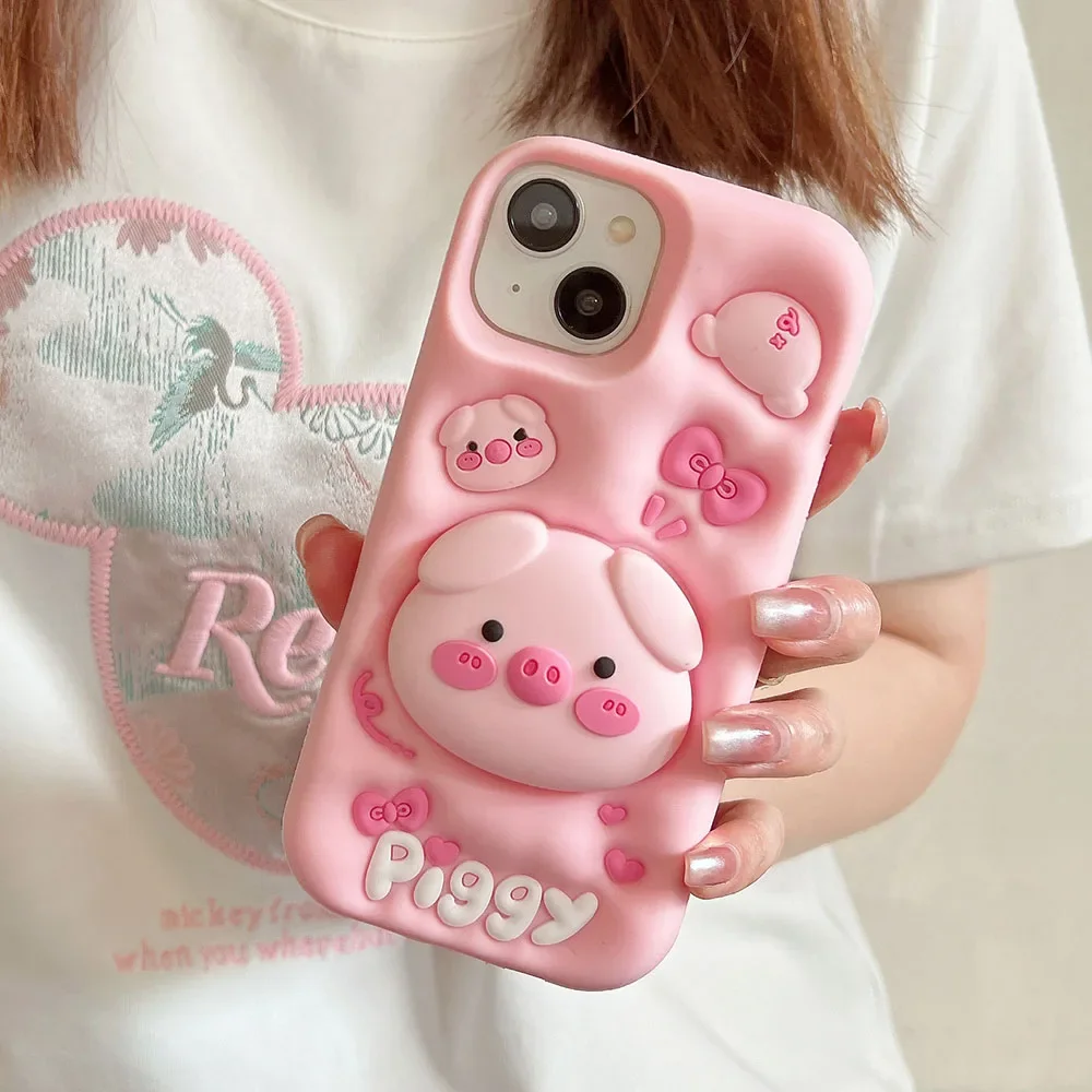 Korean Cute Pink Bow 3D Pig Stand Holder Silicone Phone Case For iPhone 15 14 13 12 Pro Max 11 Funny Gift Shockproof Soft Cover