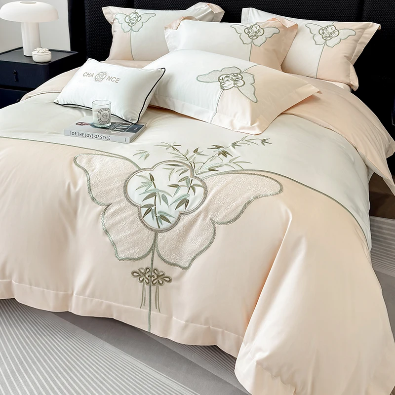 

New Chinese Style Bamboo Leaves Embroidery Luxury Bedding Set 100% Cotton Duvet Cover Bed Sheet/Fitted Sheet Pillowcases 4Pcs