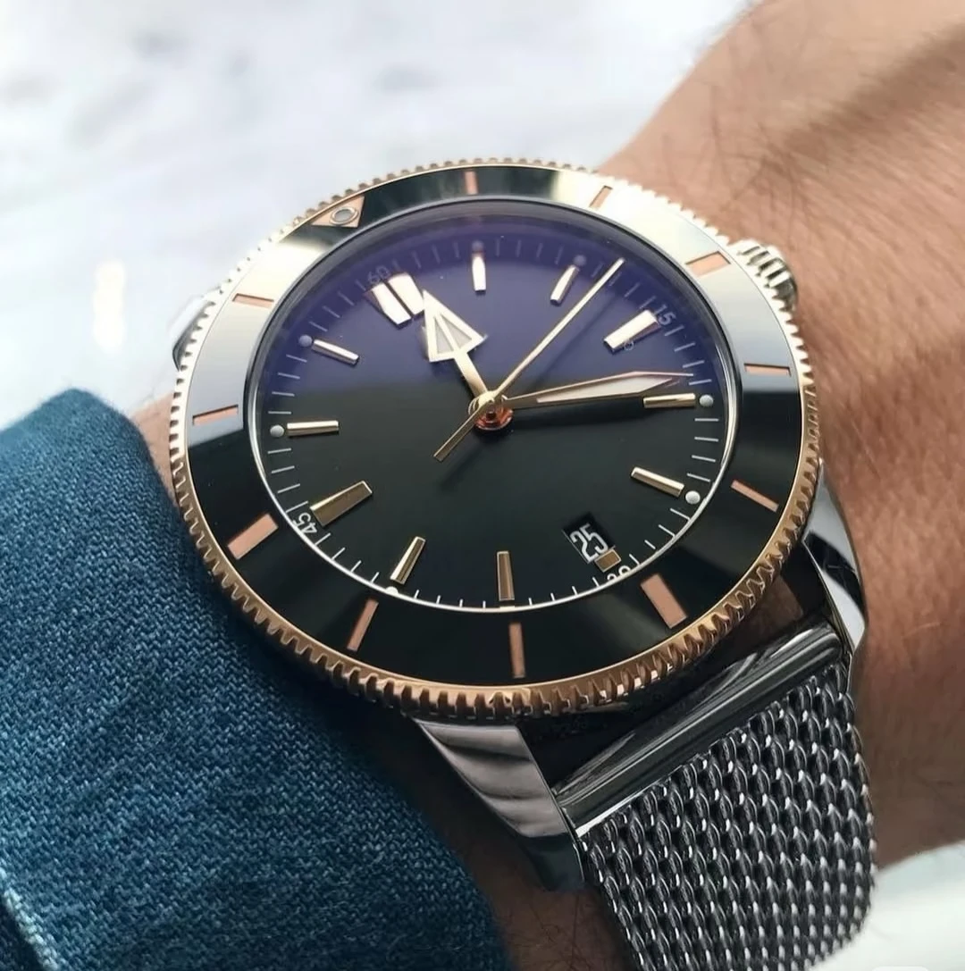 스포츠 자동 기계식 세라믹 남성용 시계 슈퍼 오션 블랙 블루 고무 로즈 골드 메쉬 스트랩 스테인레스 스틸