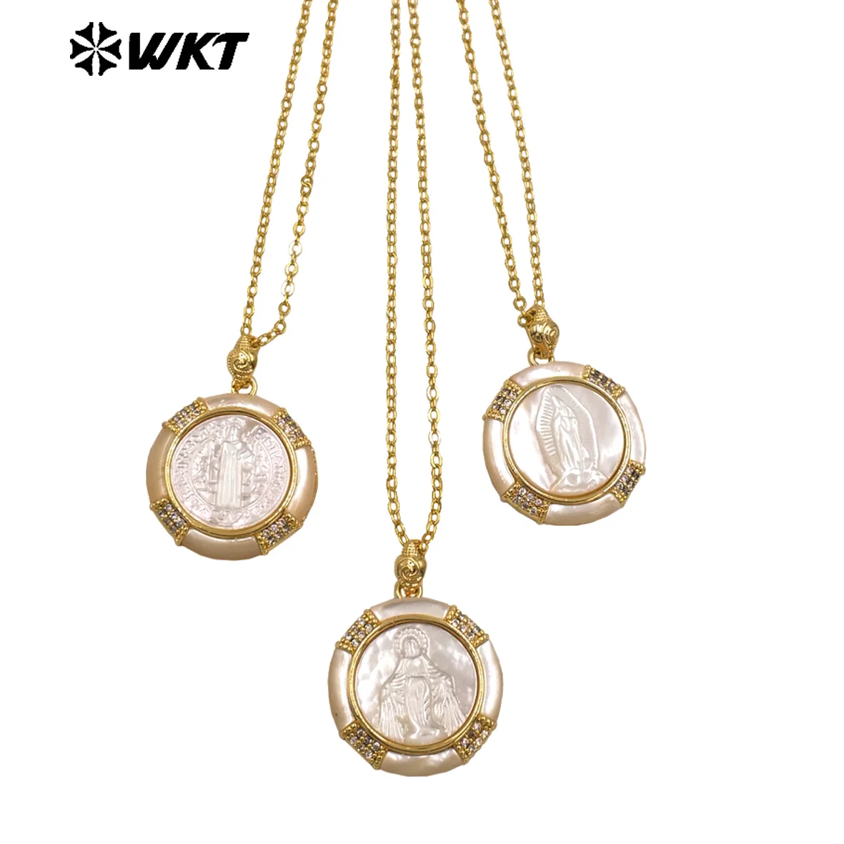 

WT-JN357 Элегантный и изысканный стиль, белая ракушка для швабры, круглый циркон, религиозный кулон, тонкое ожерелье для аксессуаров для свитера