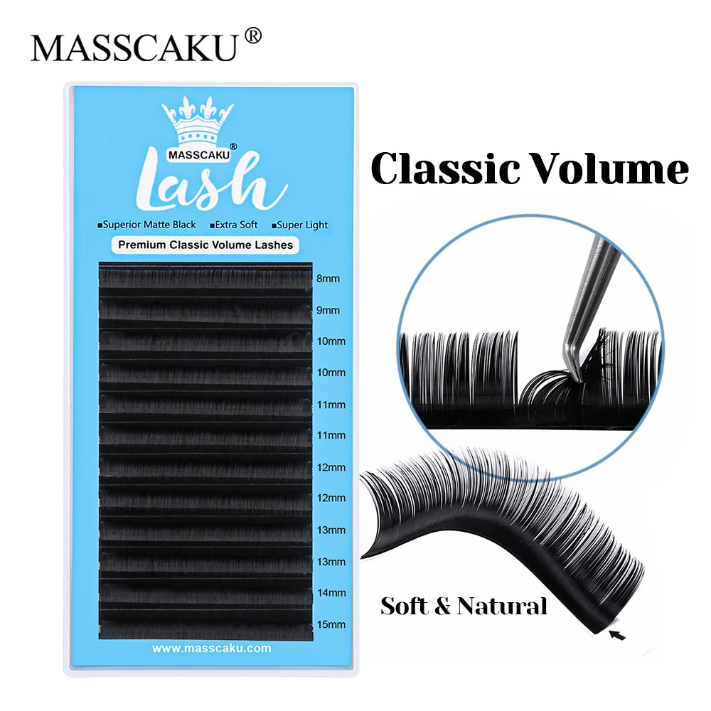 

Hot Sale MASSCAKU 0.05/0.07/0.10/0.15mm Thickness Wispy Classic Volume Lash Soft Korean PBT Fiber Regular Eyelashes Makeup Tools