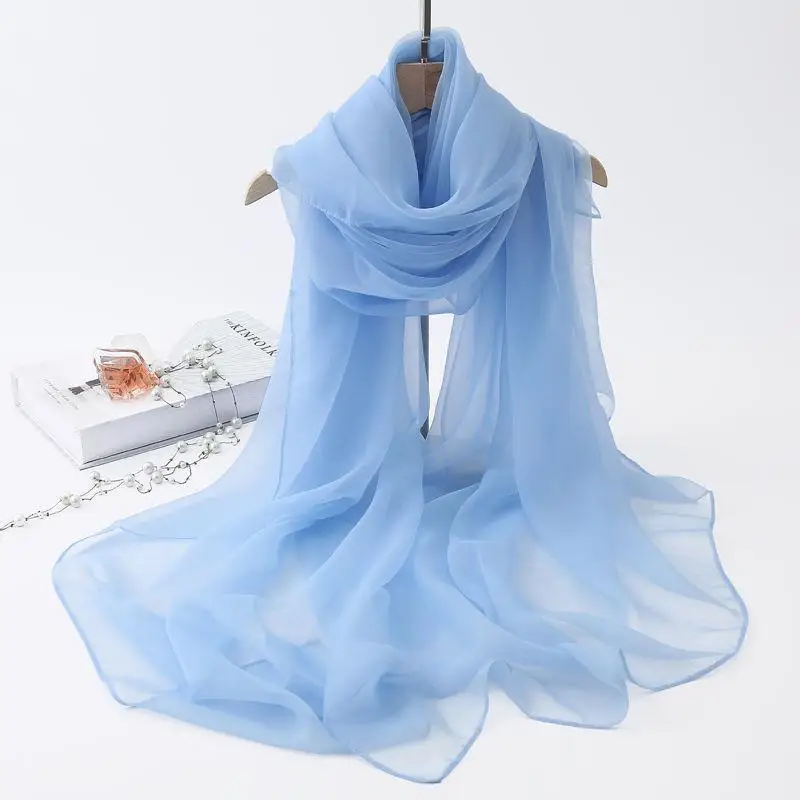 Korean Solid Transparent Chiffon Travel Holiday Beach Towel Sunscreen Shawl Female Summer Air Conditioning Ice Silk Scarf M10