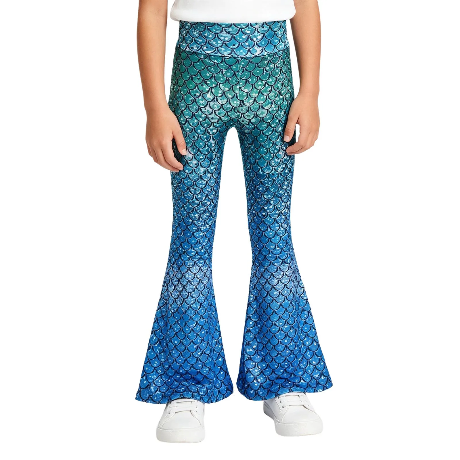 

Kids Girls Mermaid Fish Scale Print Flared Pants High Waist Elastic Waistband Dance Trousers Halloween Party Dress Up Costume