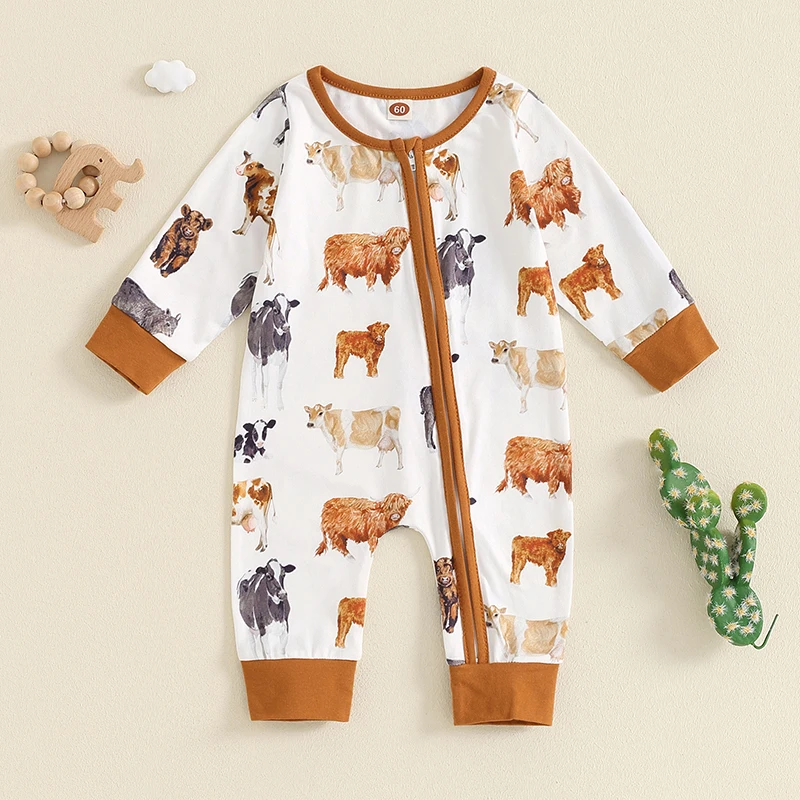 2024-05-24 Lioraitiin Baby Boys Jumpsuit, Long Sleeve Cow Horse Print Zipped Casual Fall Newborn Romper Clothes