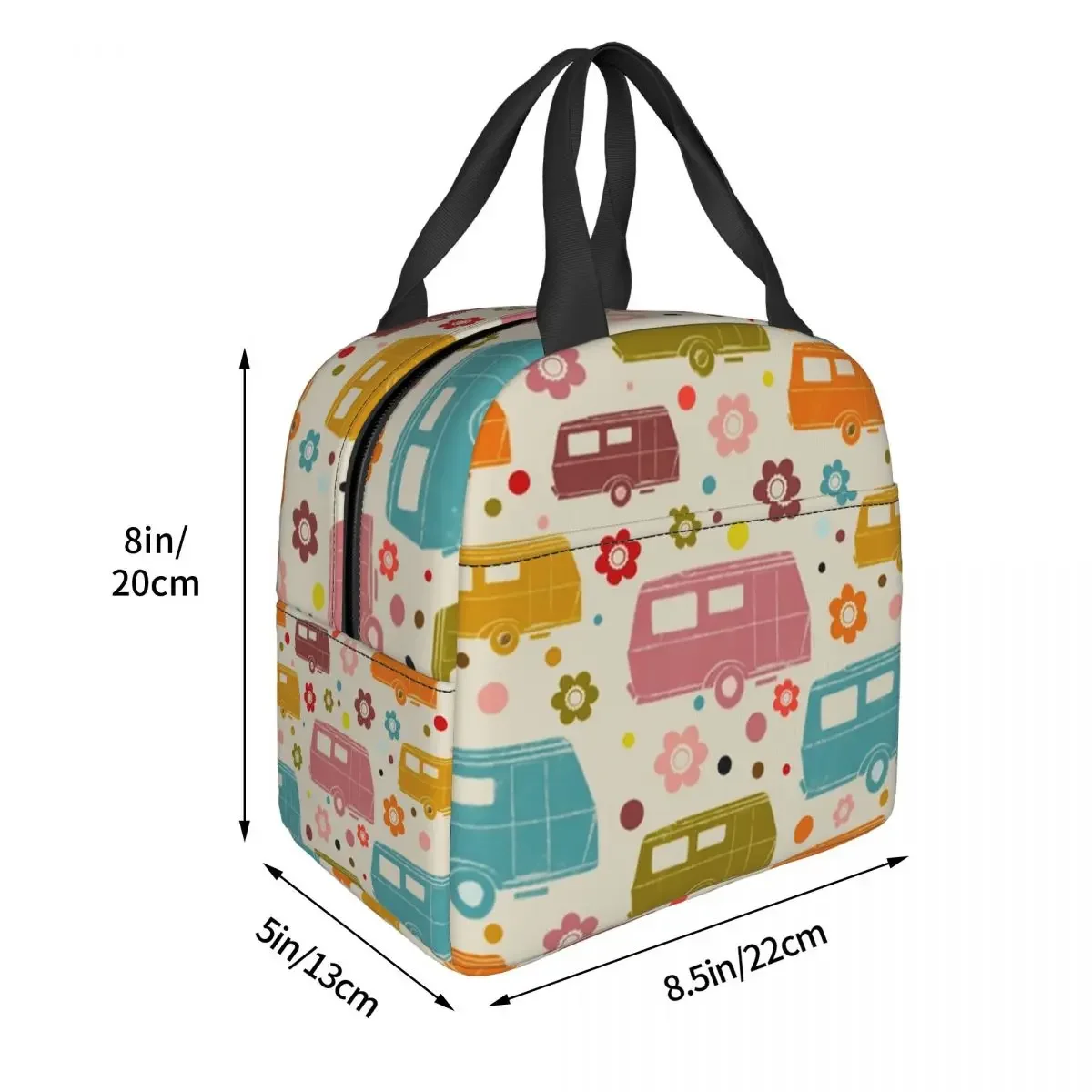 Colourful Vintage Caravans And Flowers Pattern Thermal Insulated Lunch Bags Women Happy Campers Portable Lunch Tote Food Box