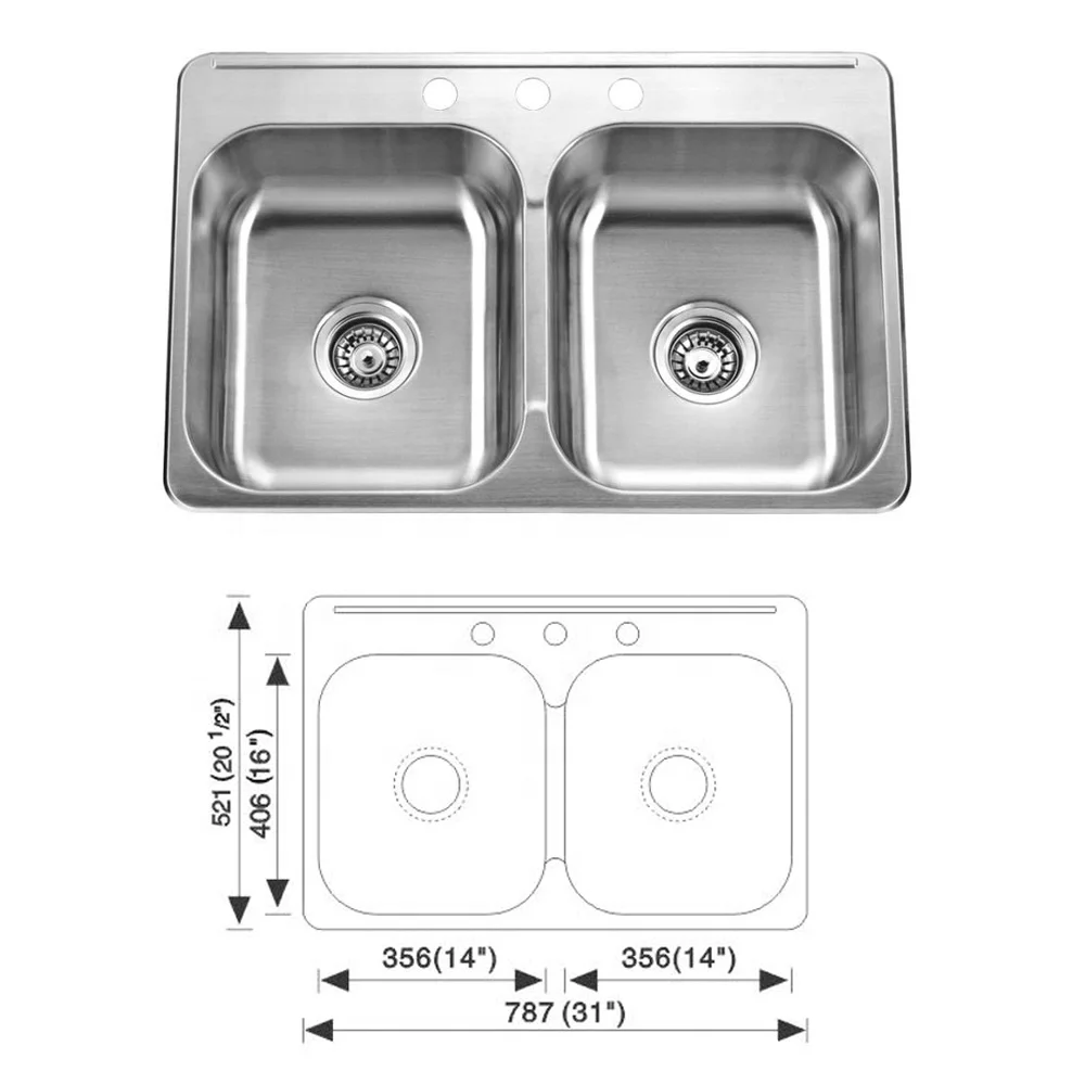 

31"x21" Above Counter Kitchen Sink With 1 Tap Hole,Undercoating And Installation Clips