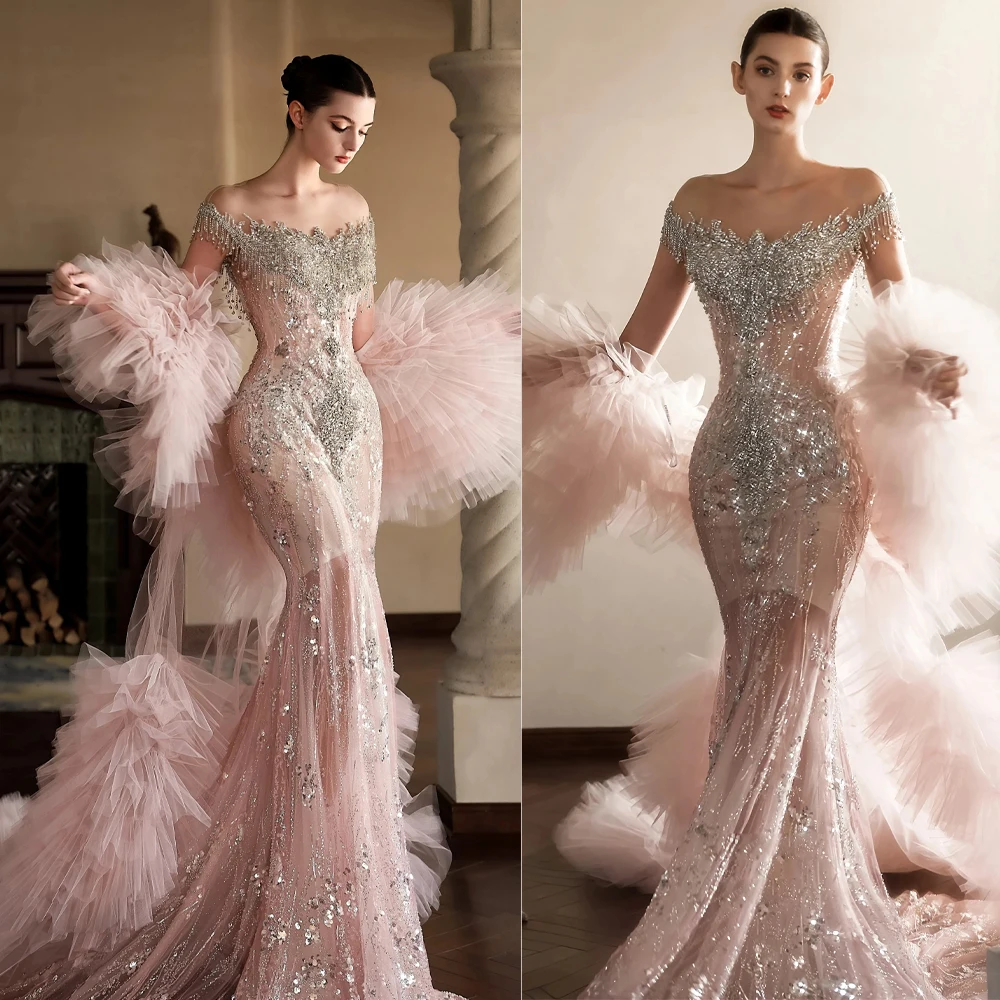 

Fashion Show Mermaid Evening Dresses With Ruffles Wraps Sequined Appliques Prom Gowns Formal Party Birthday Dress Customized