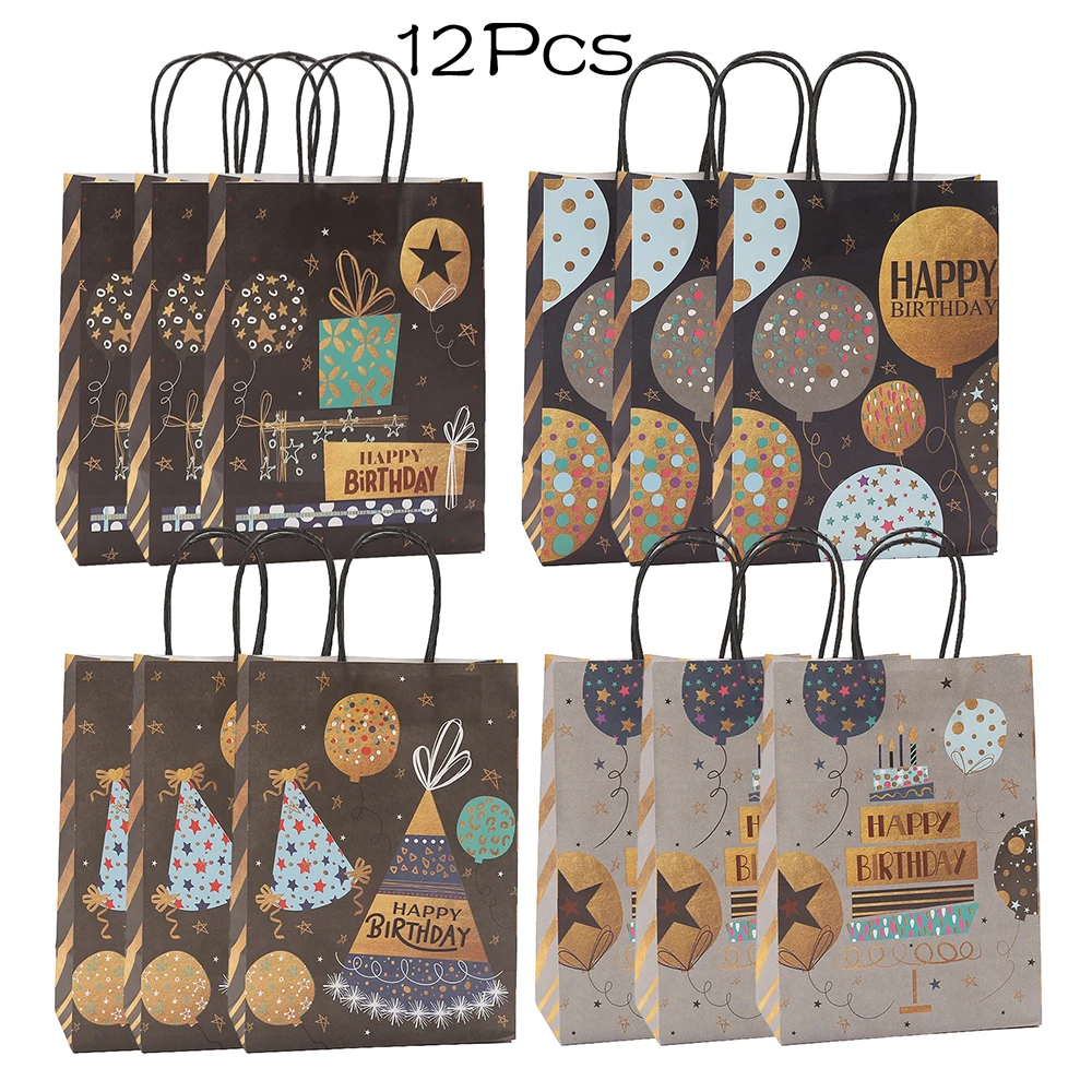 12Pcs Black Happy Birthday Theme Paper Gift Packing Bags Candy Cookie Bag Shopping Bag for Birthday Party Favors Bag Decoration